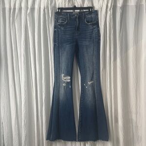 Flying Monkey Distressed Flare Jeans in Deep Blue